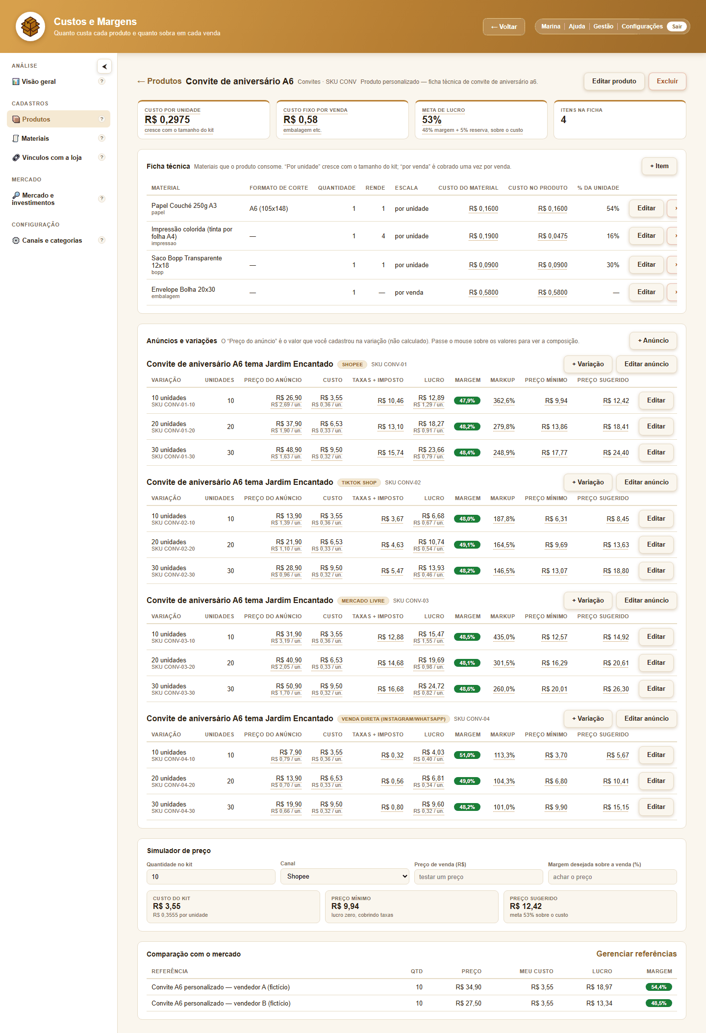 Captura da tela Custos e Margens: ficha técnica do produto com custo por unidade, meta de lucro, materiais e o preço de cada anúncio com taxas, lucro e margem.