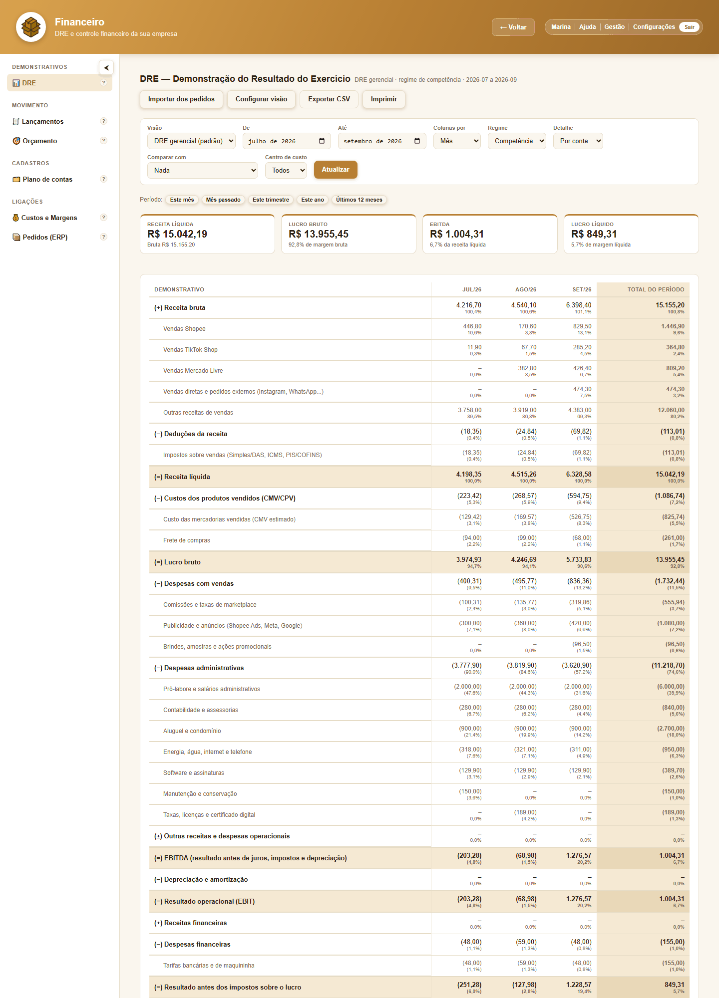 Captura da tela Financeiro: DRE por mês com receita bruta e líquida, lucro bruto, EBITDA e lucro líquido.