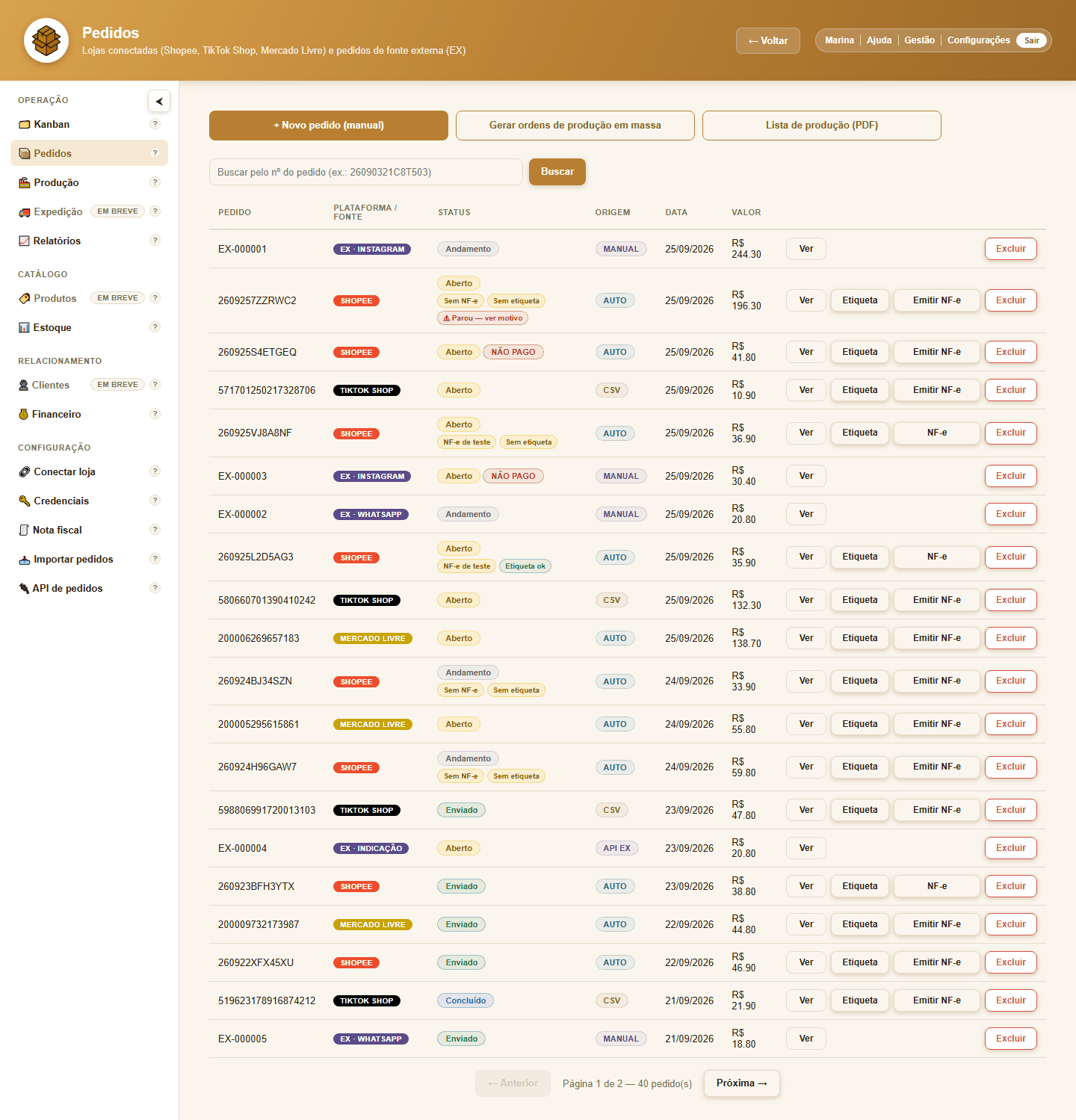 Captura da tela de pedidos: lista com número do pedido, plataforma, status, origem, data, valor e botões de ação.